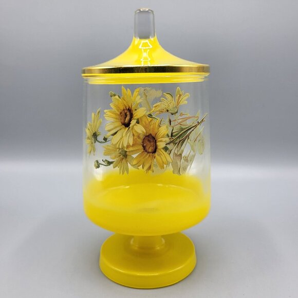 Vintage MCM Footed Glass Vanity Jar with Lid Yellow Floral Sunflower Home Decor - Picture 3 of 12